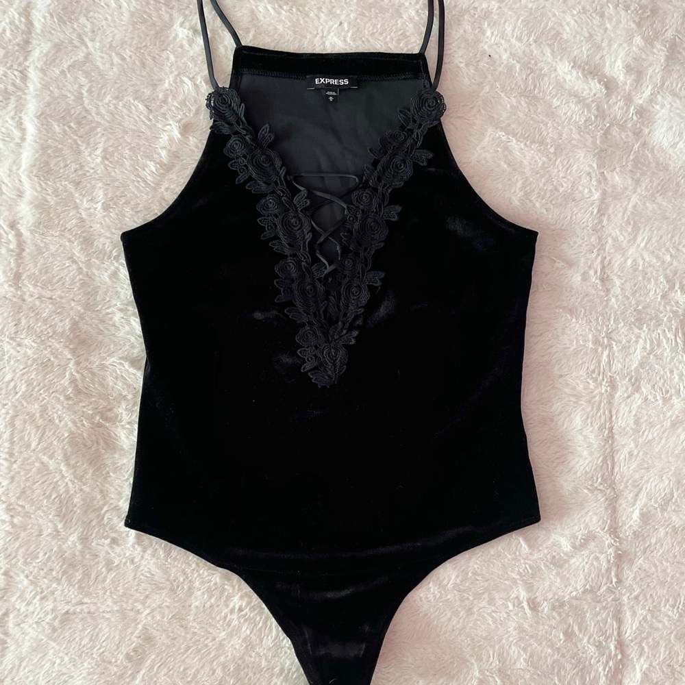 Velvet Lace-Up Thong Bodysuit